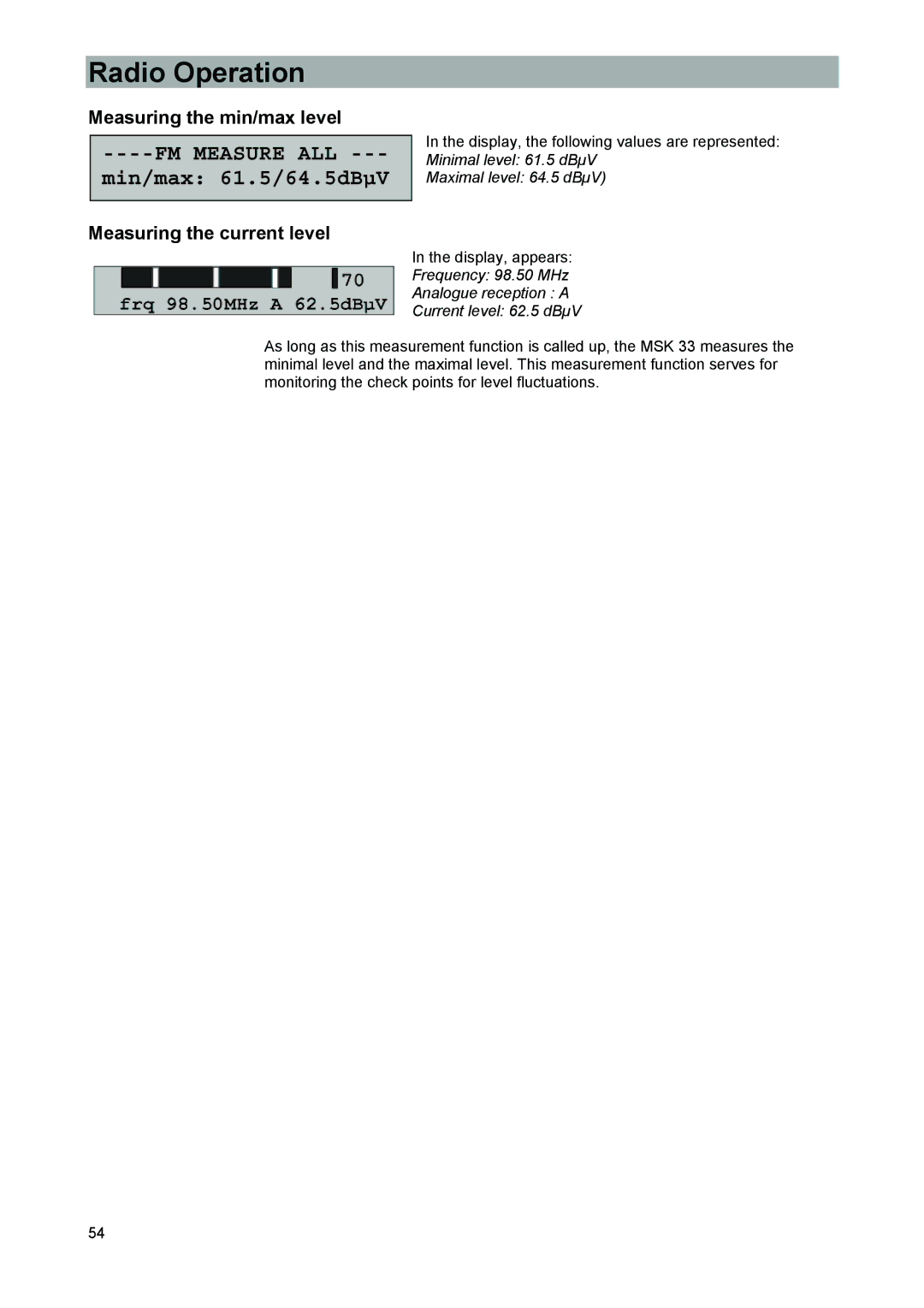 Kathrein MSK 33, 9986492 manual FM Measure ALL, Measuring the min/max level 