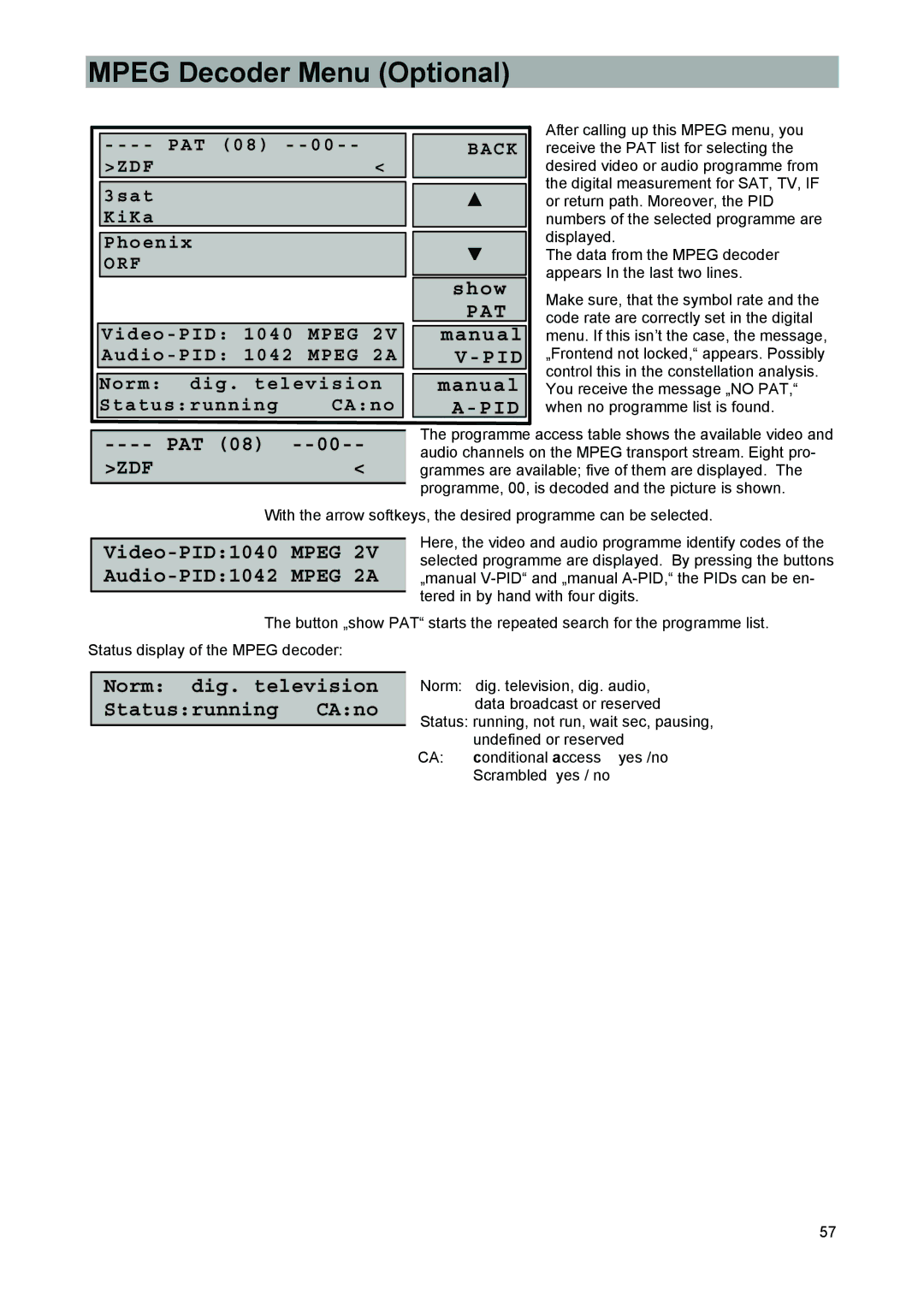 Kathrein 9986492, MSK 33 manual Mpeg Decoder Menu Optional, PAT 08, 3sat KiKa Phoenix 