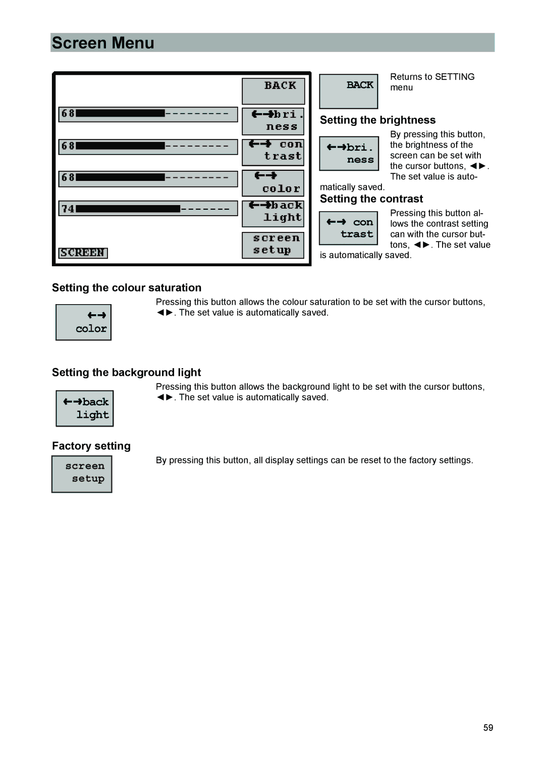 Kathrein 9986492, MSK 33 manual Screen Menu, Screen setup 