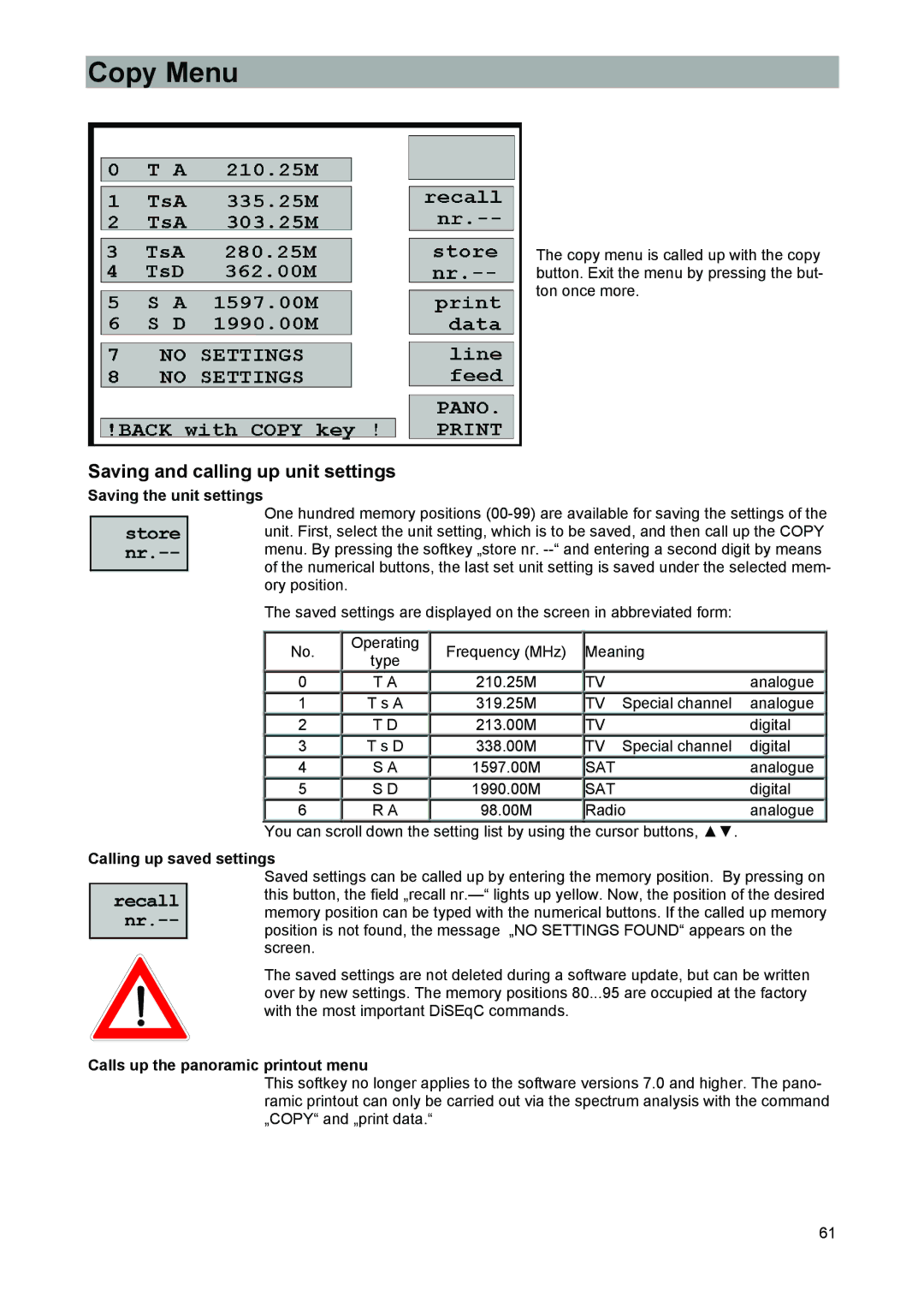 Kathrein 9986492 manual Copy Menu, Saving and calling up unit settings, Saving the unit settings, Calling up saved settings 