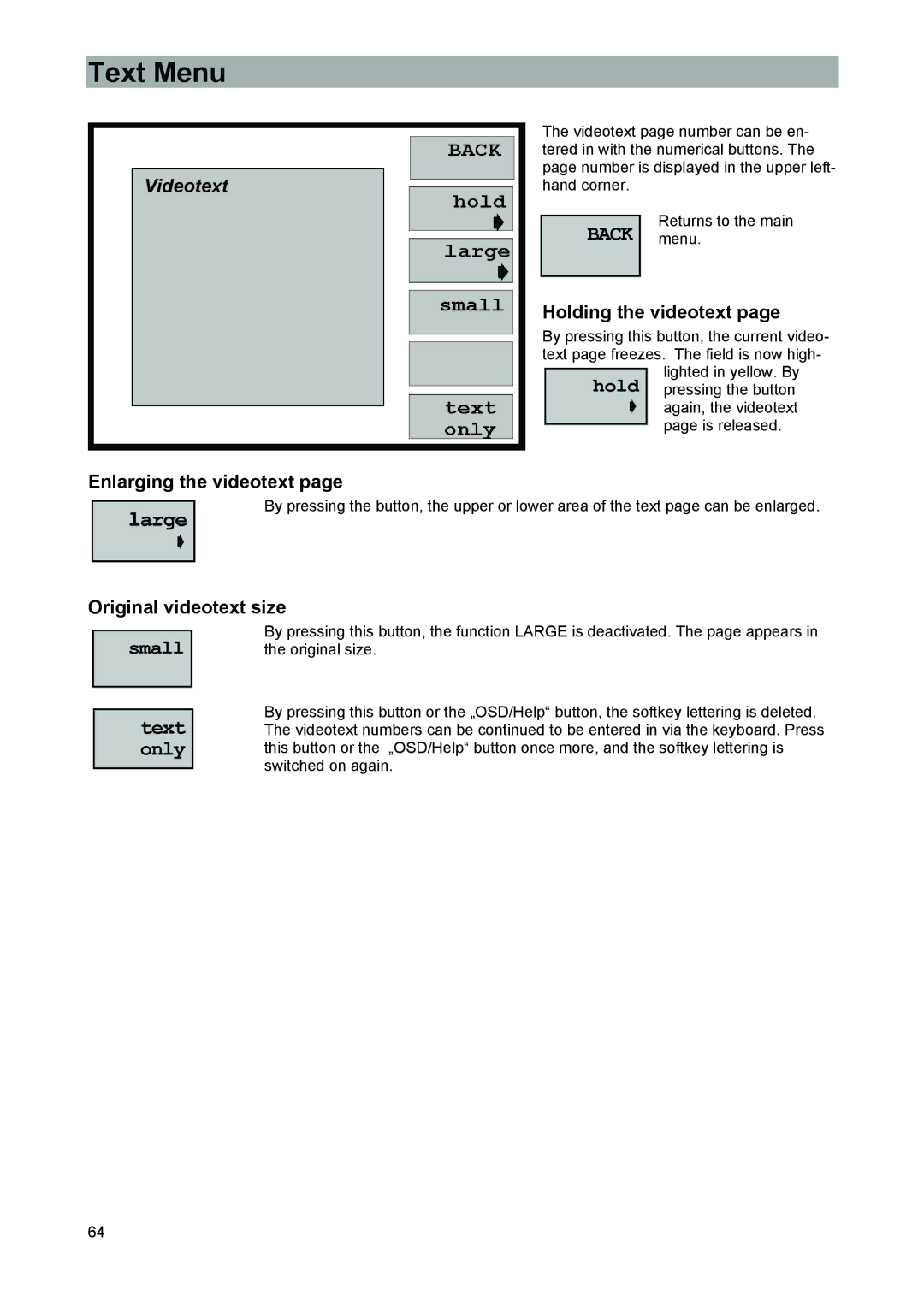 Kathrein MSK 33, 9986492 manual Text Menu, Enlarging the videotext, Holding the videotext, Original videotext size 