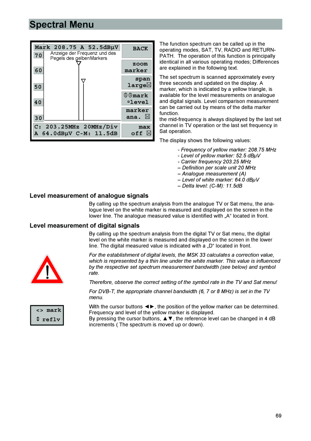 Kathrein 9986492, MSK 33 manual Spectral Menu, Marker Span Large ¡ mark ßlevel, Ana, Max, Off 