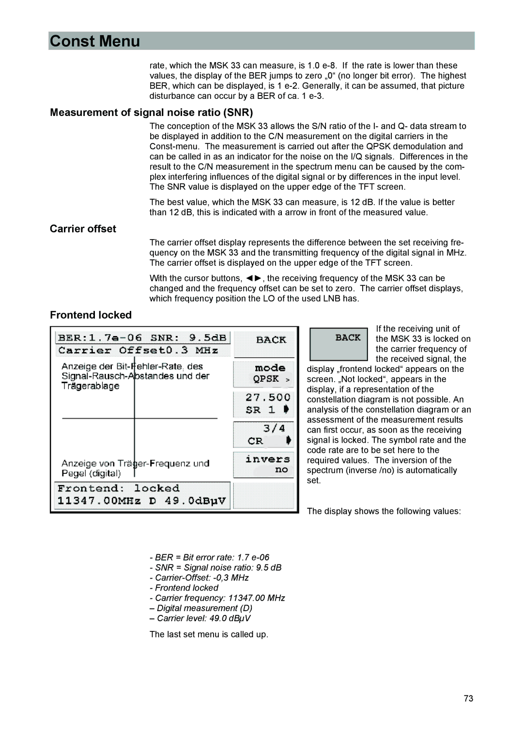 Kathrein 9986492, MSK 33 manual Measurement of signal noise ratio SNR, Carrier offset, Frontend locked 