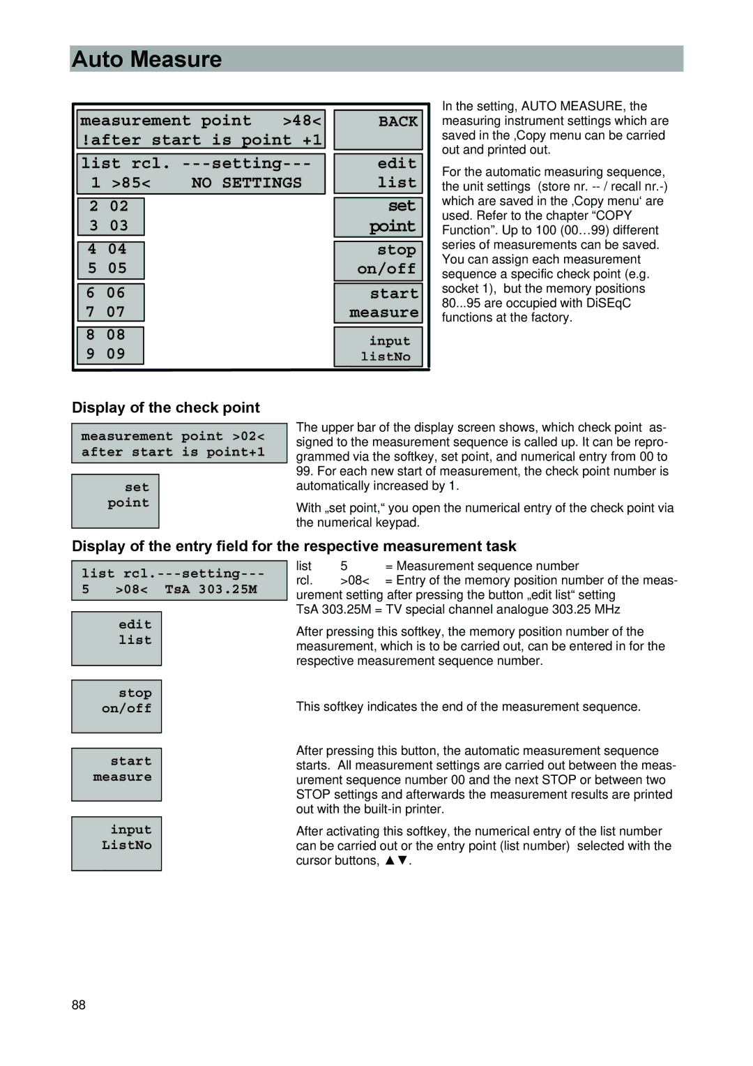 Kathrein MSK 33, 9986492 manual Auto Measure, Display of the check point 