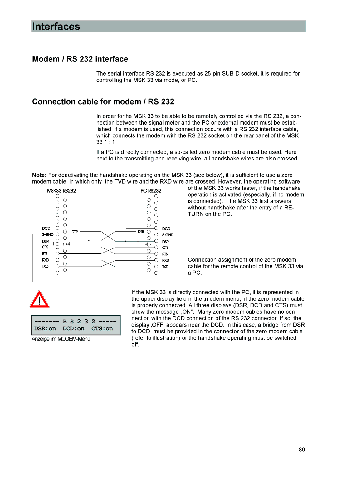 Kathrein 9986492, MSK 33 manual Interfaces, Modem / RS 232 interface, Connection cable for modem / RS 