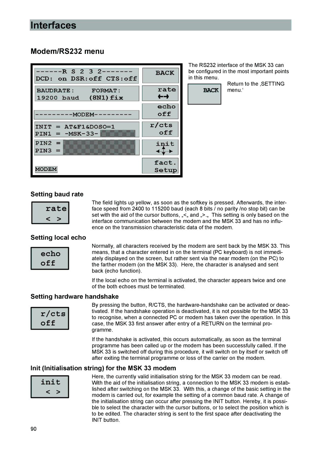 Kathrein MSK 33, 9986492 manual Modem/RS232 menu, Setting baud rate, Setting local echo, Setting hardware handshake 