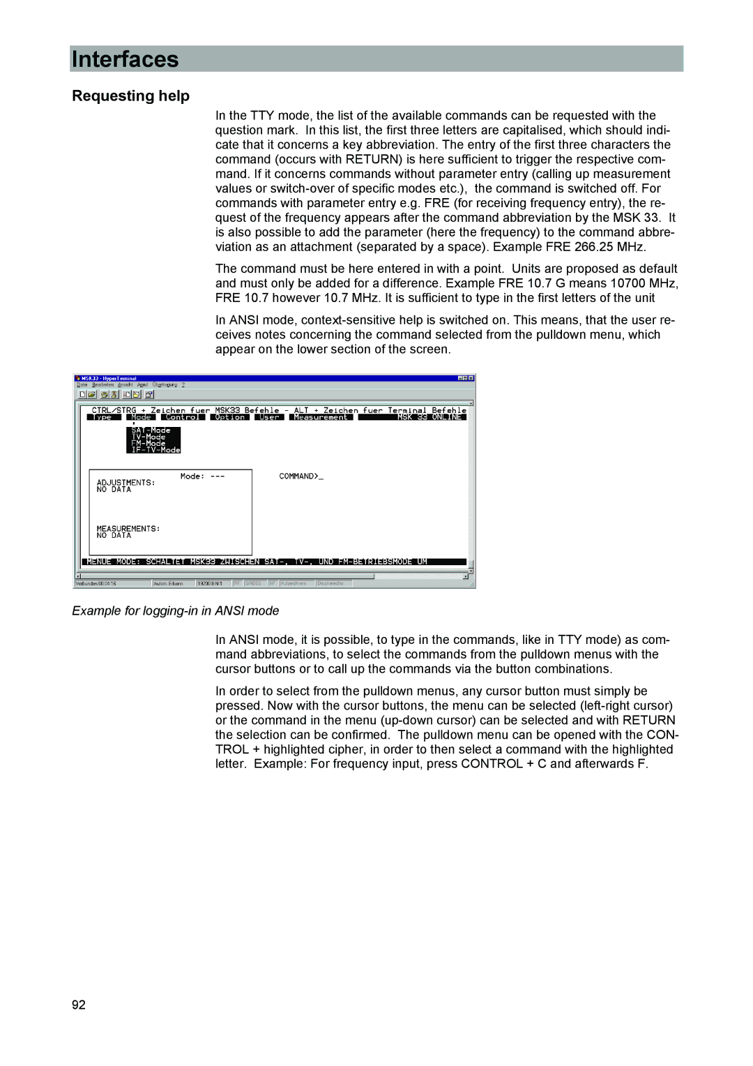 Kathrein MSK 33, 9986492 manual Requesting help, Example for logging-in in Ansi mode 