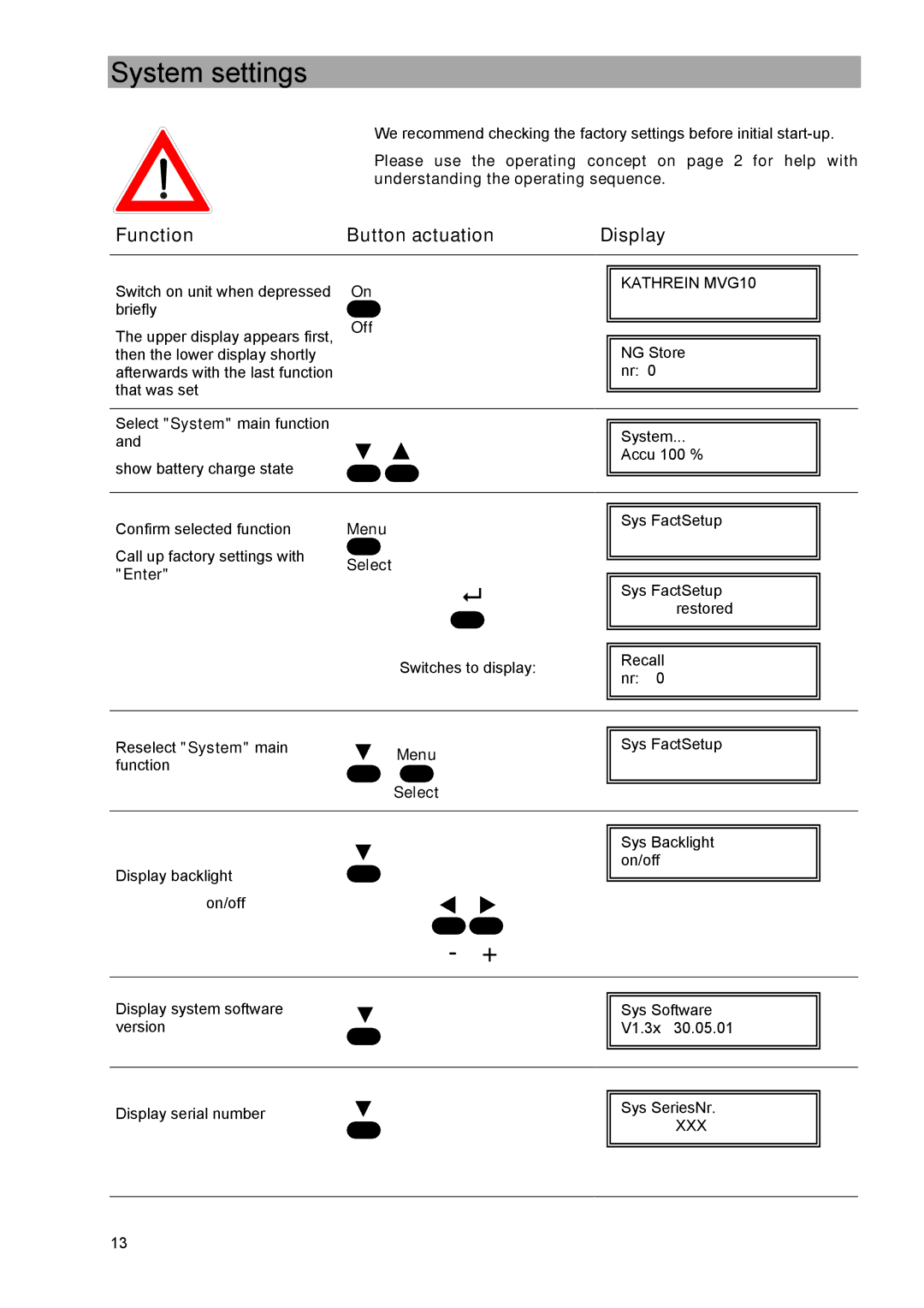 Kathrein MVG 10 manual System settings, Off, Enter 