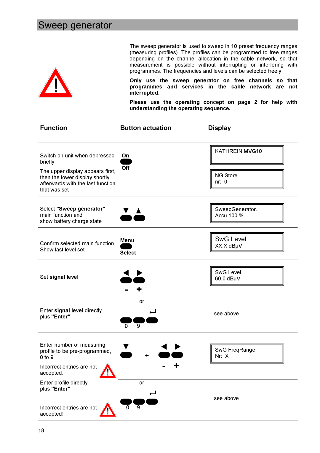 Kathrein MVG 10 manual Select Sweep generator, Plus Enter 