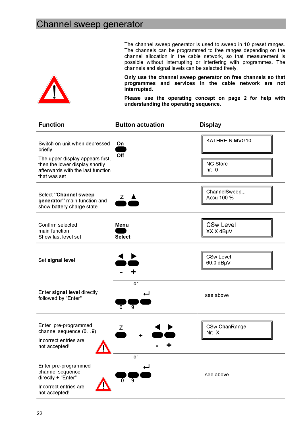 Kathrein MVG 10 manual Channel sweep generator, Select Channel sweep 