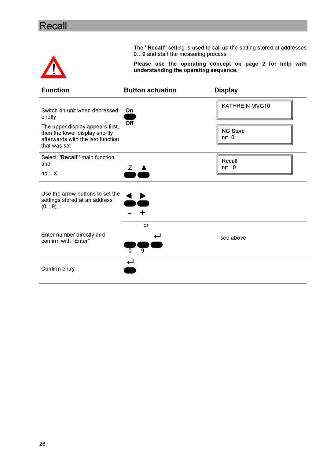 Kathrein MVG 10 manual Recall, Off 