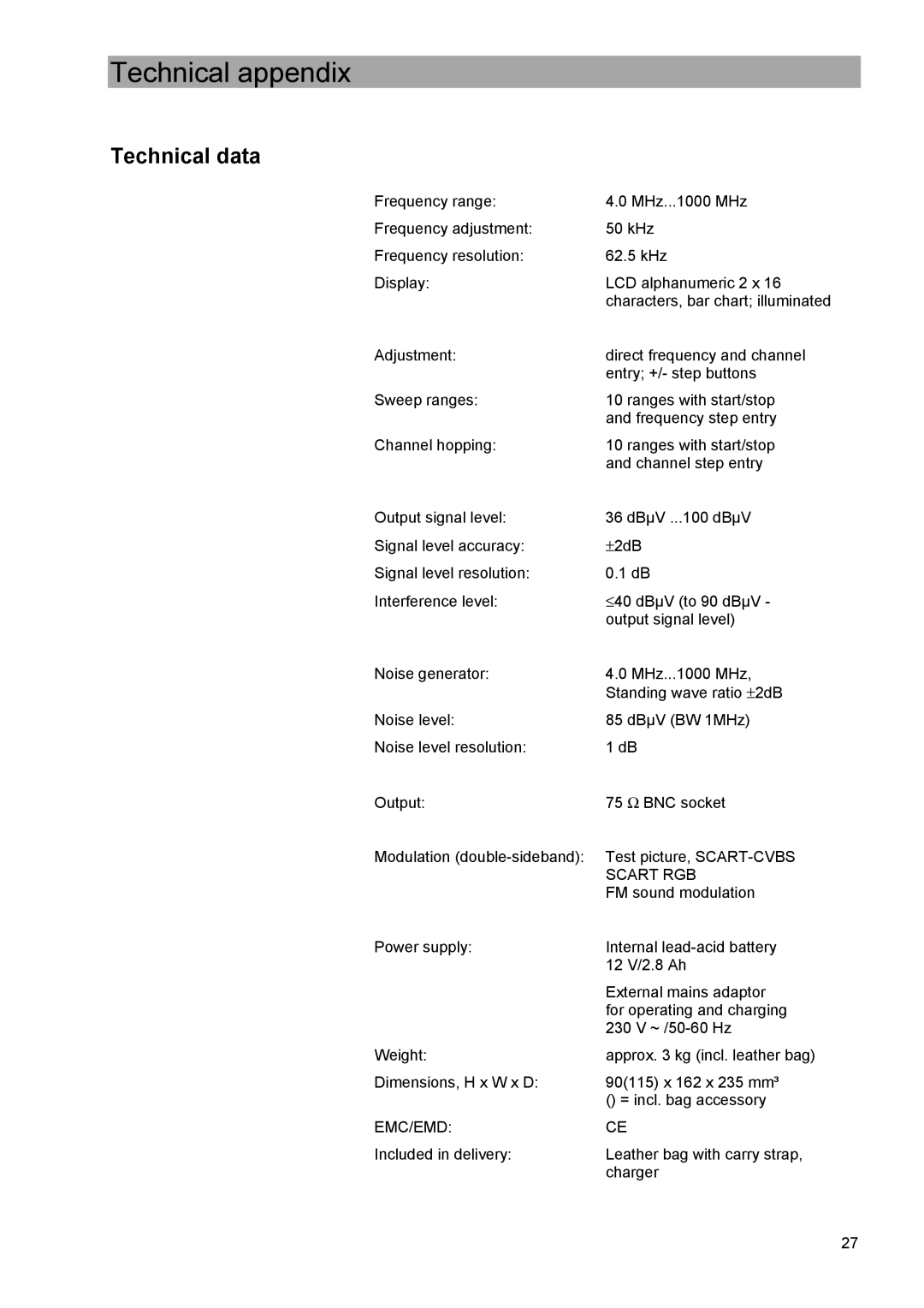 Kathrein MVG 10 manual Technical appendix, Technical data 