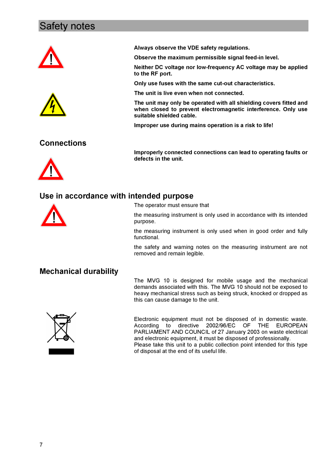 Kathrein MVG 10 manual Connections, Use in accordance with intended purpose, Mechanical durability 