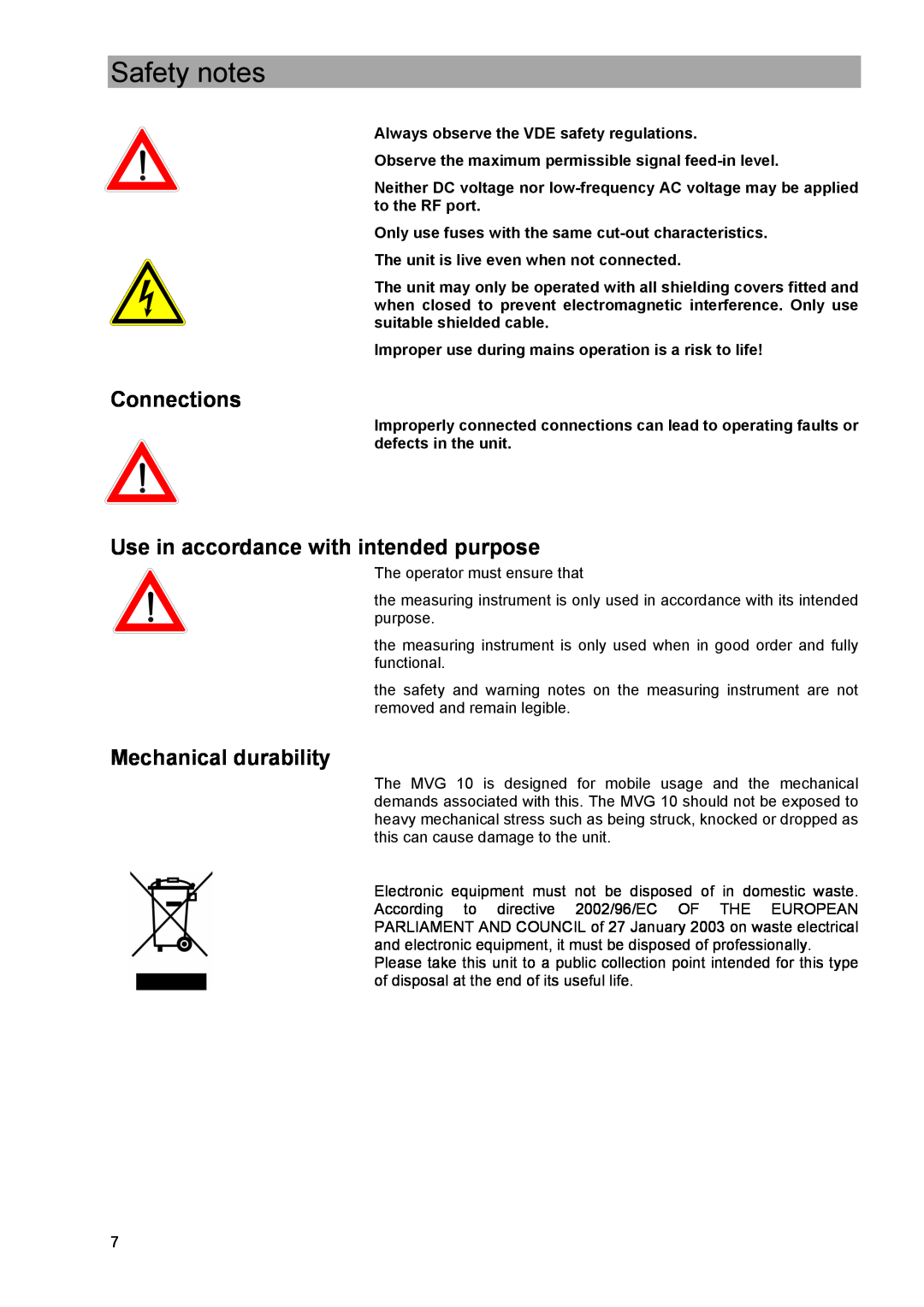 Kathrein MVG 10 manual Connections, Use in accordance with intended purpose, Mechanical durability, Safety notes 