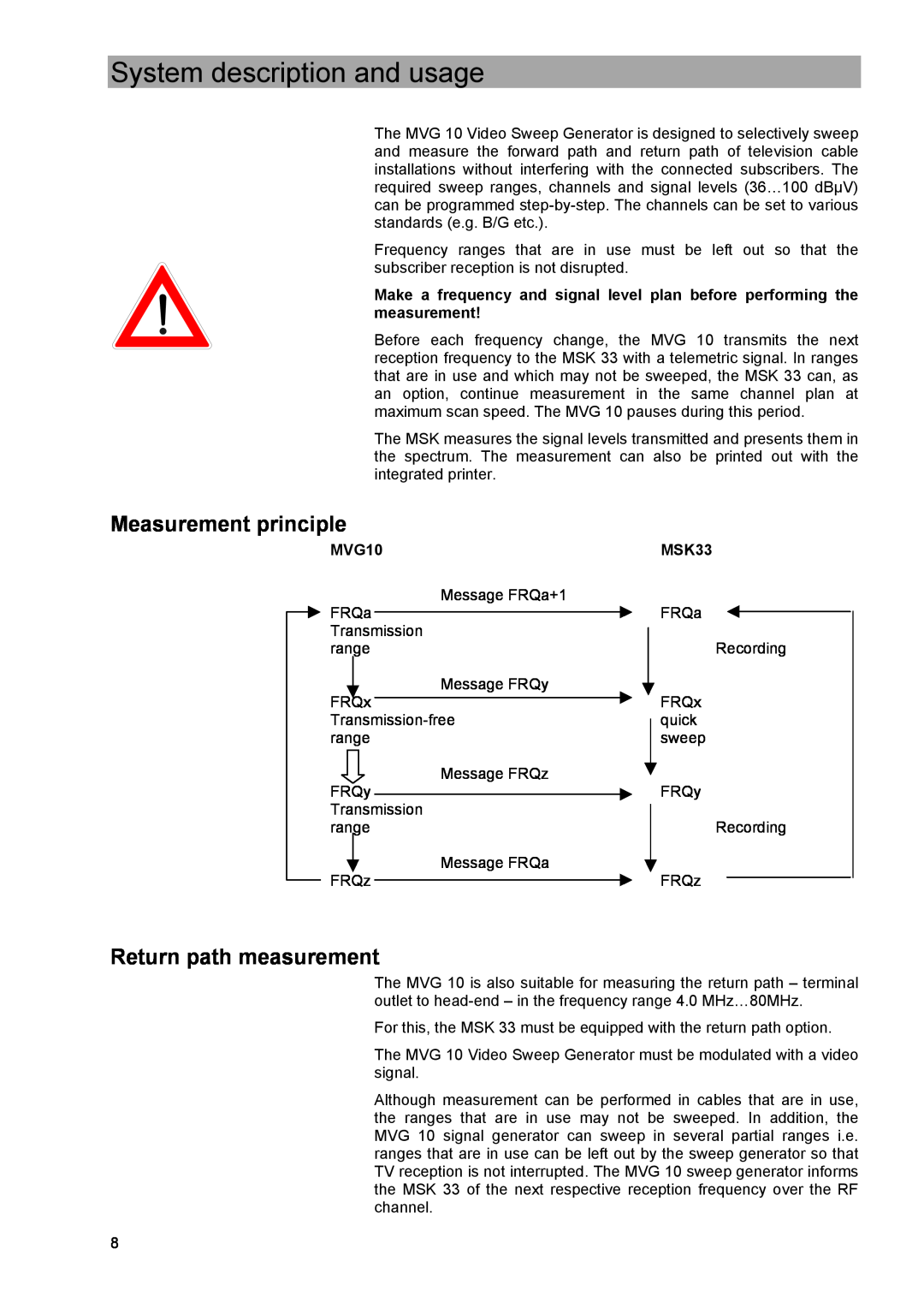 Kathrein MVG 10 manual System description and usage, Measurement principle, Return path measurement, MVG10, MSK33 