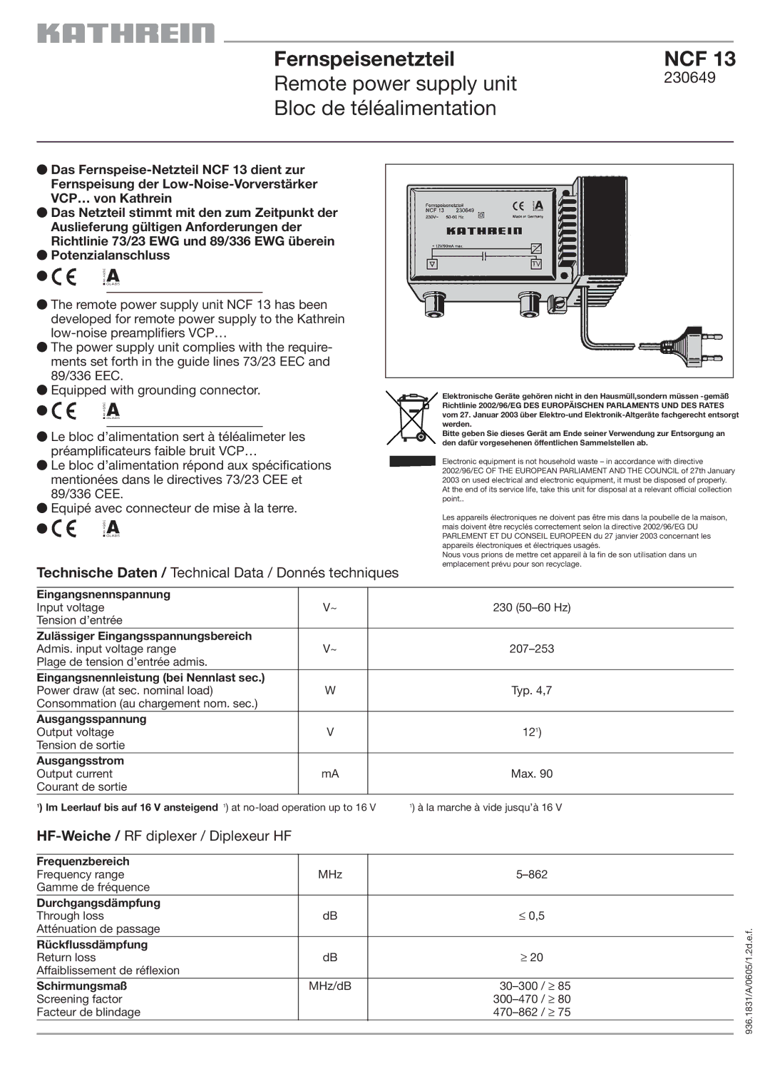 Kathrein NCF 13 manual Fernspeisenetzteil NCF Remote power supply unit, Bloc de téléalimentation, 230649 