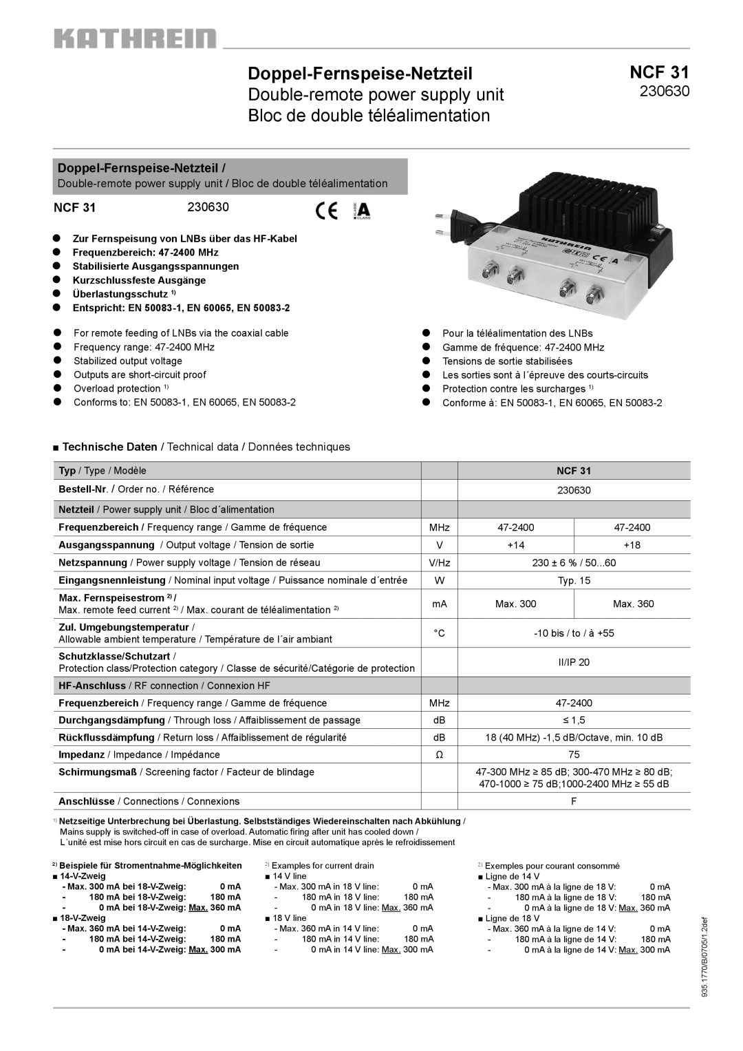 Kathrein NCF 31 manual Technische Daten / Technical data / Données techniques, Max. Fernspeisestrom, Ncf 