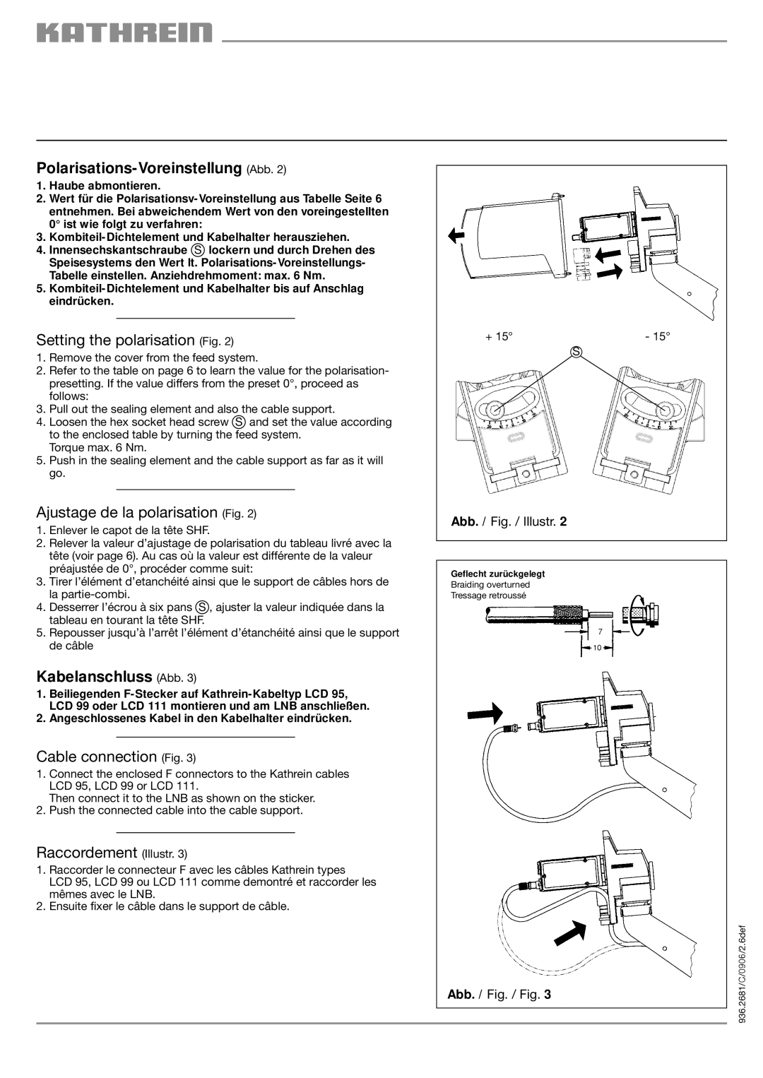 Kathrein UAS 177 manual Polarisations-Voreinstellung Abb, Kabelanschluss Abb 