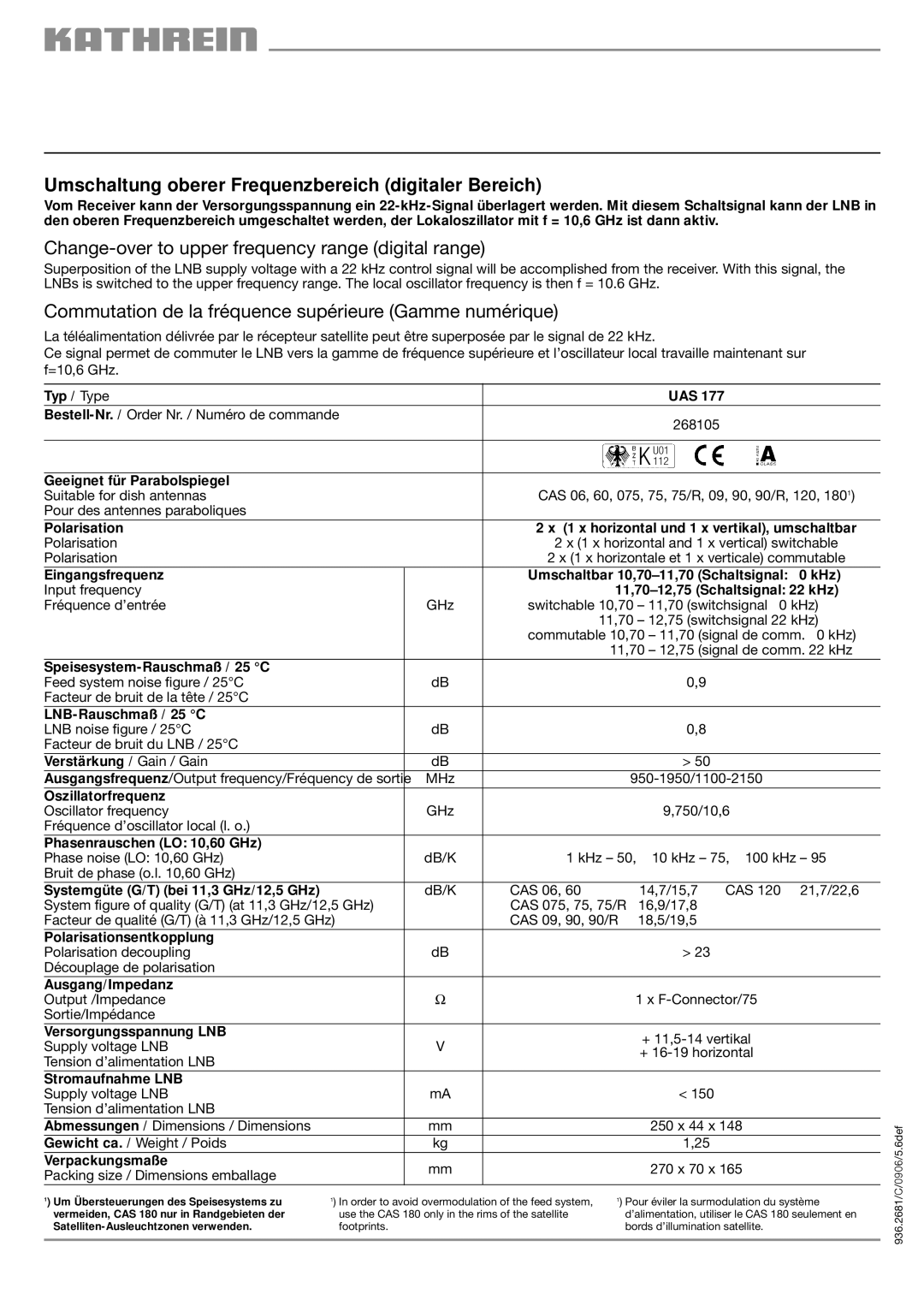 Kathrein UAS 177 Umschaltung oberer Frequenzbereich digitaler Bereich, Change-over to upper frequency range digital range 