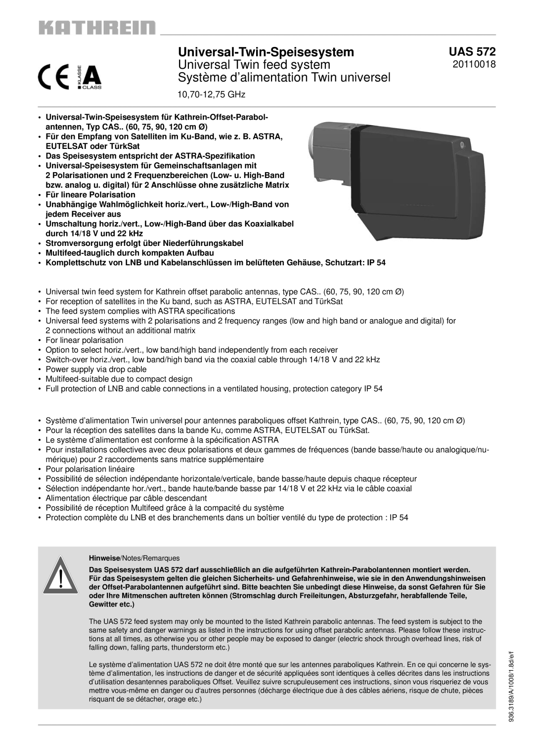 Kathrein UAS 572 specifications 20110018, 10,70-12,75 GHz 