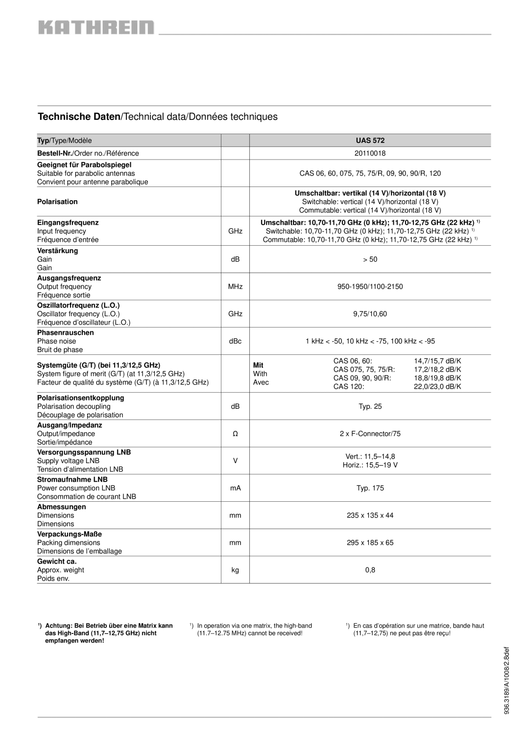 Kathrein UAS 572 specifications Technische Daten/Technical data/Données techniques 