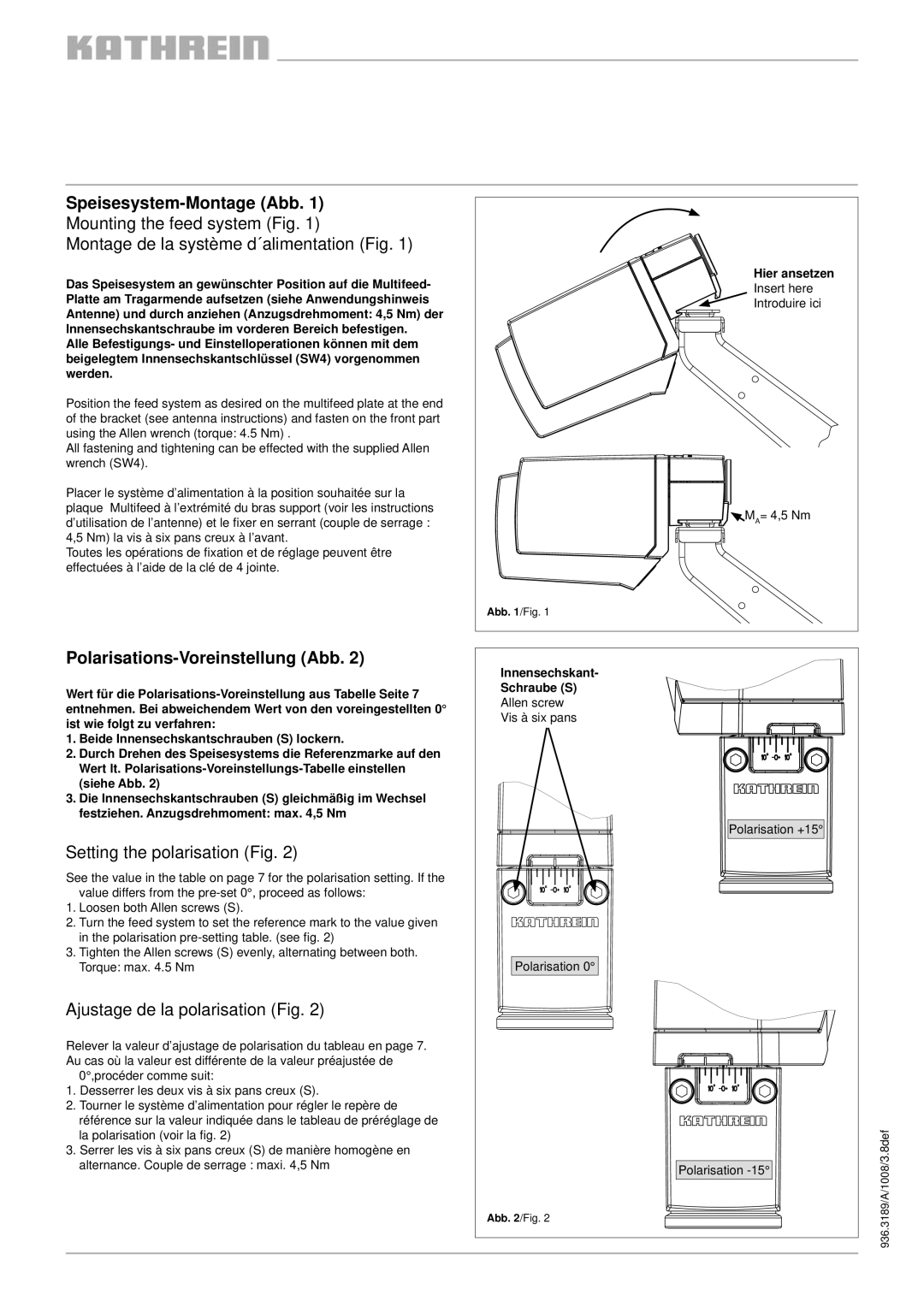 Kathrein UAS 572 Speisesystem-Montage Abb Mounting the feed system Fig, Montage de la système d´alimentation Fig 