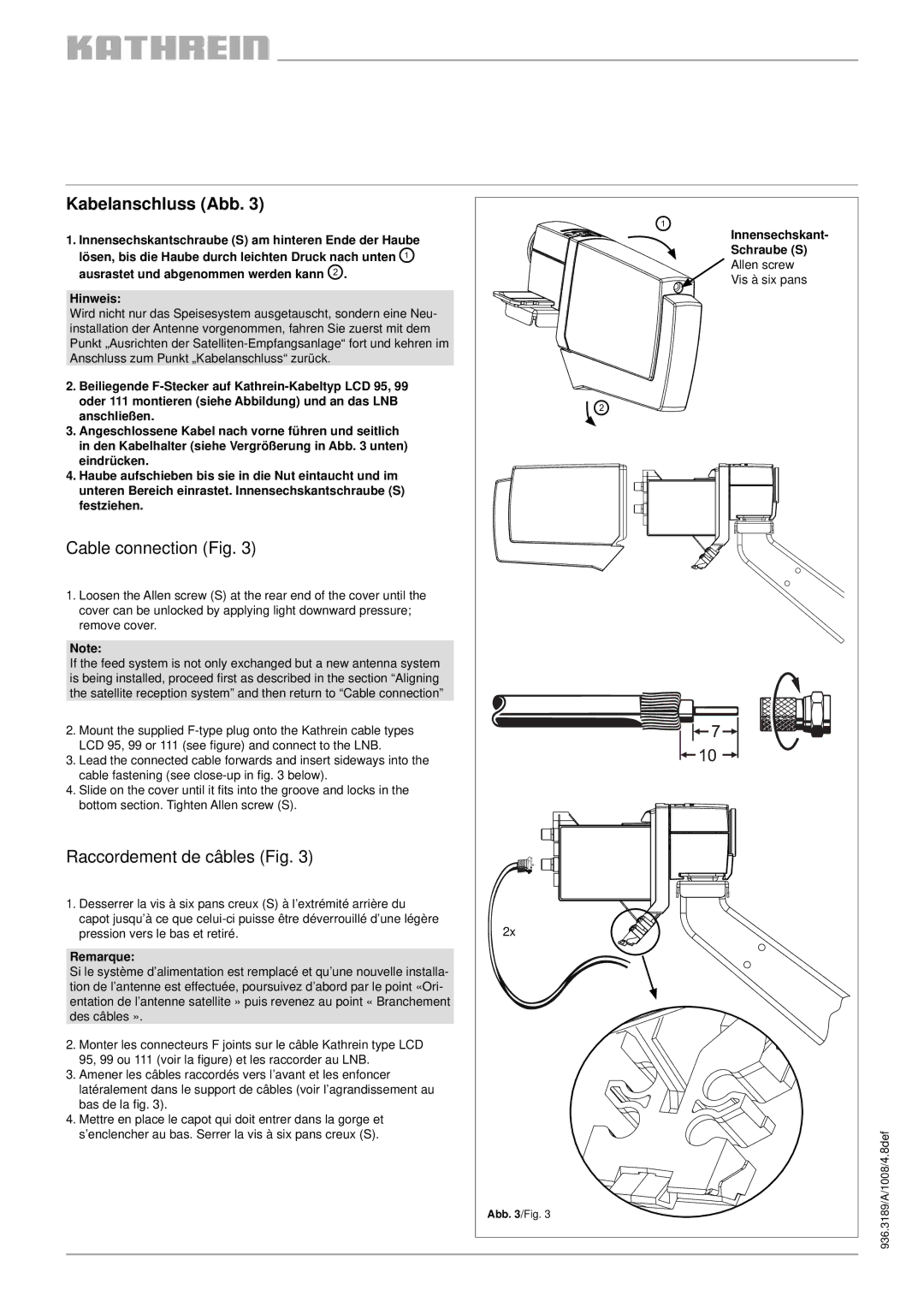 Kathrein UAS 572 Kabelanschluss Abb, Cable connection Fig, Raccordement de câbles Fig, Remarque, Innensechskant 