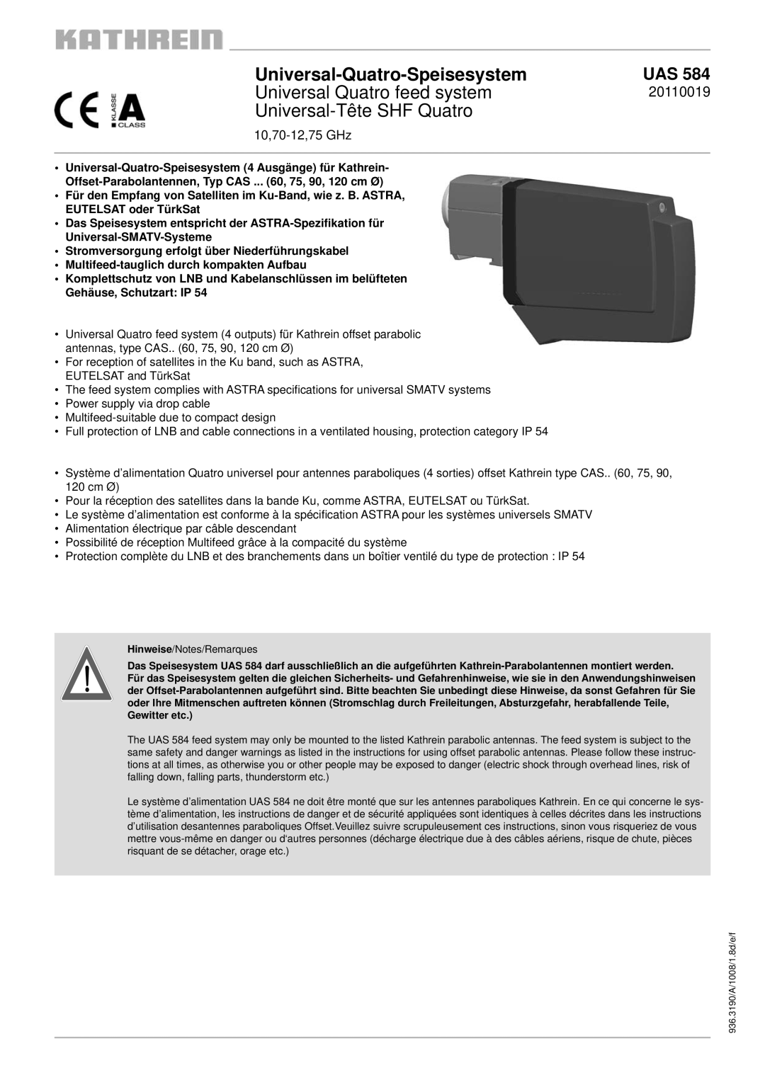 Kathrein UAS 584 specifications Universal-Quatro-Speisesystem, 20110019 