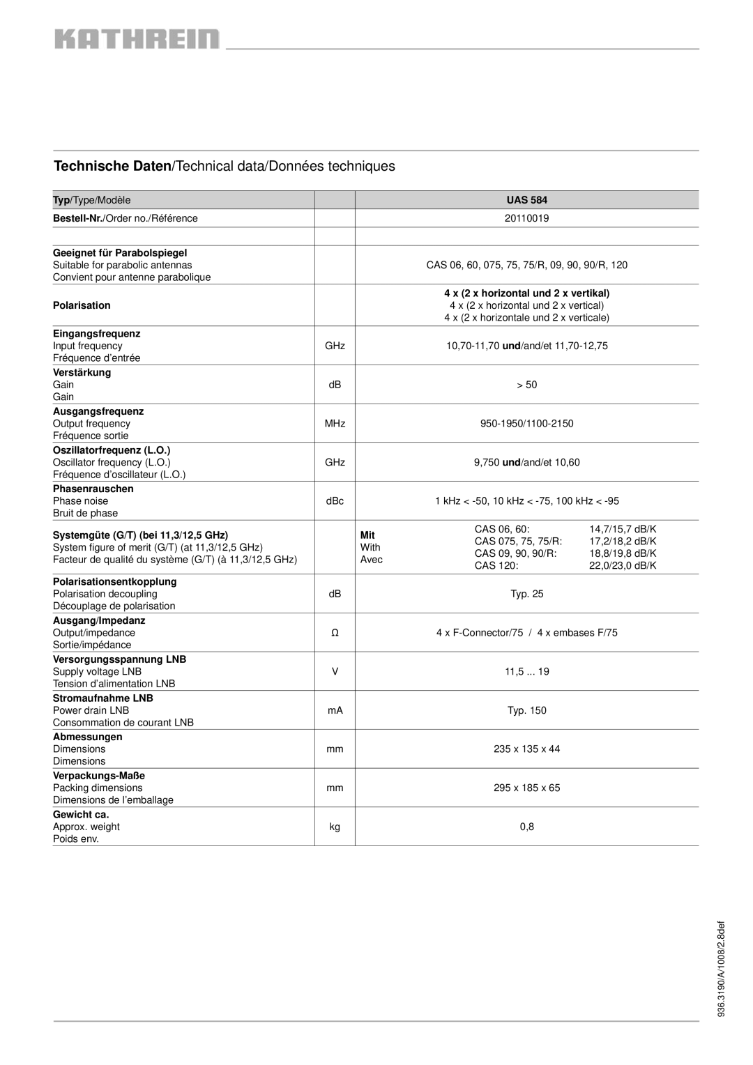 Kathrein UAS 584 specifications Technische Daten/Technical data/Données techniques 