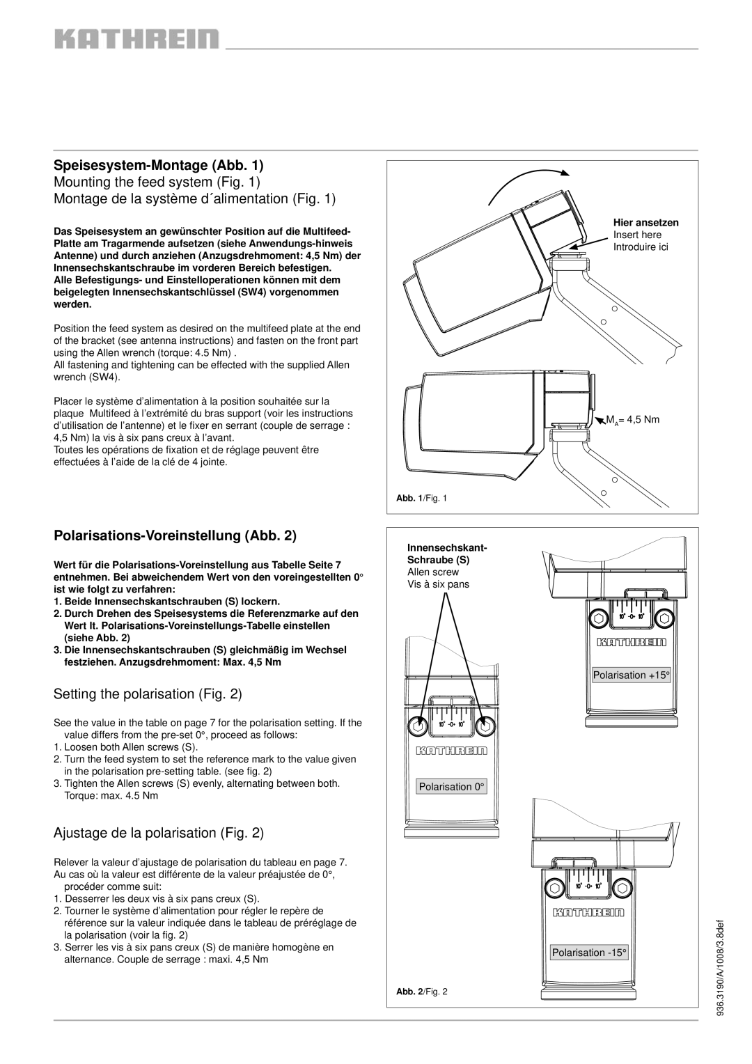 Kathrein UAS 584 Polarisations-Voreinstellung Abb, Setting the polarisation Fig, Ajustage de la polarisation Fig 