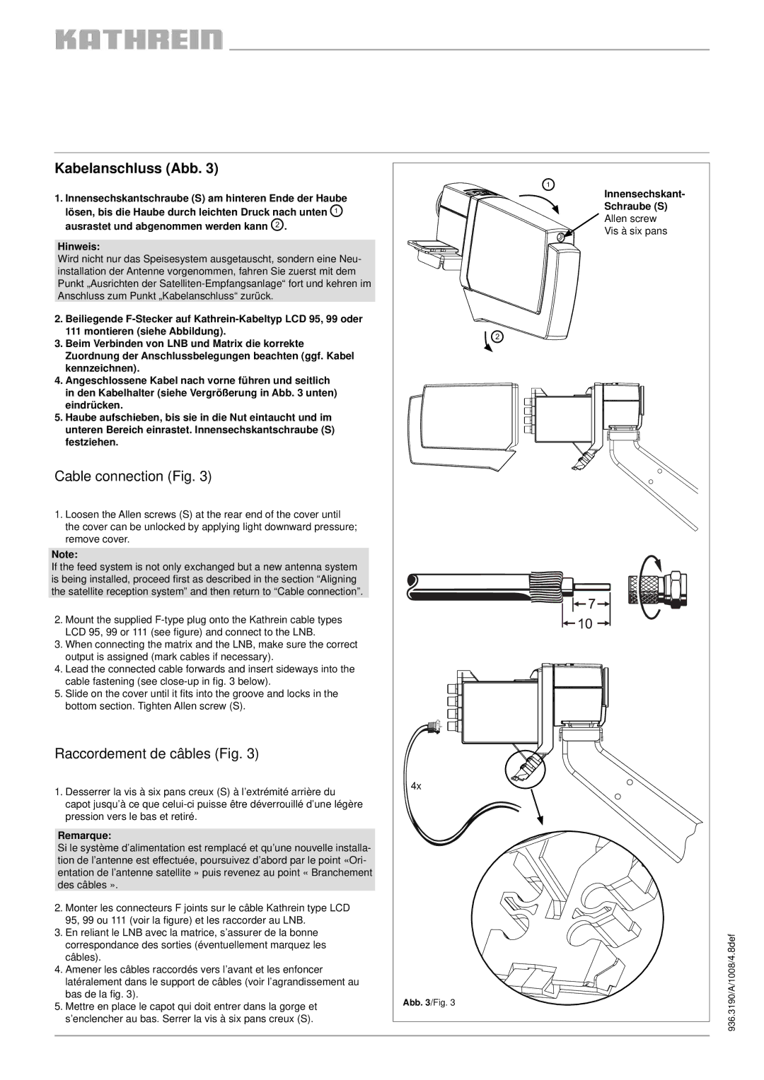 Kathrein UAS 584 specifications Kabelanschluss Abb, Cable connection Fig, Raccordement de câbles Fig 