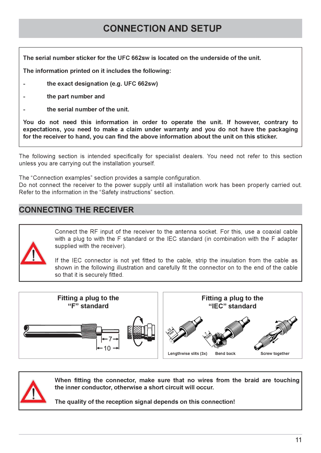 Kathrein UFC 662sw manual Connection and Setup, Connecting the Receiver, Fitting a plug to 