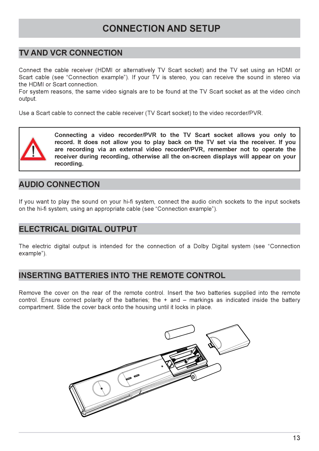 Kathrein UFC 662sw manual TV and VCR Connection, Audio Connection, Electrical Digital Output 