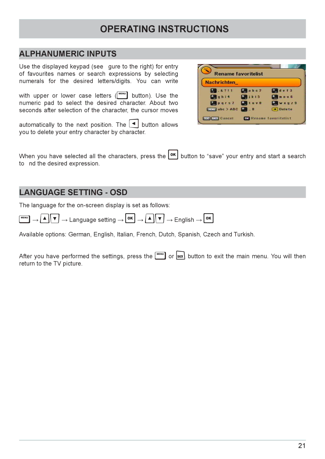 Kathrein UFC 662sw manual Alphanumeric Inputs, Language Setting OSD 