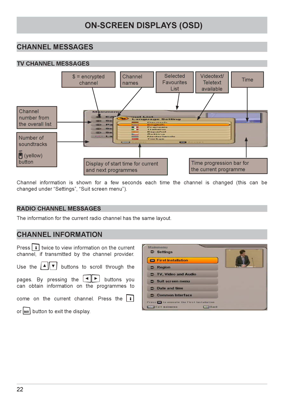 Kathrein UFC 662sw manual ON-SCREEN Displays OSD, Channel Information, TV Channel Messages, Radio Channel Messages 