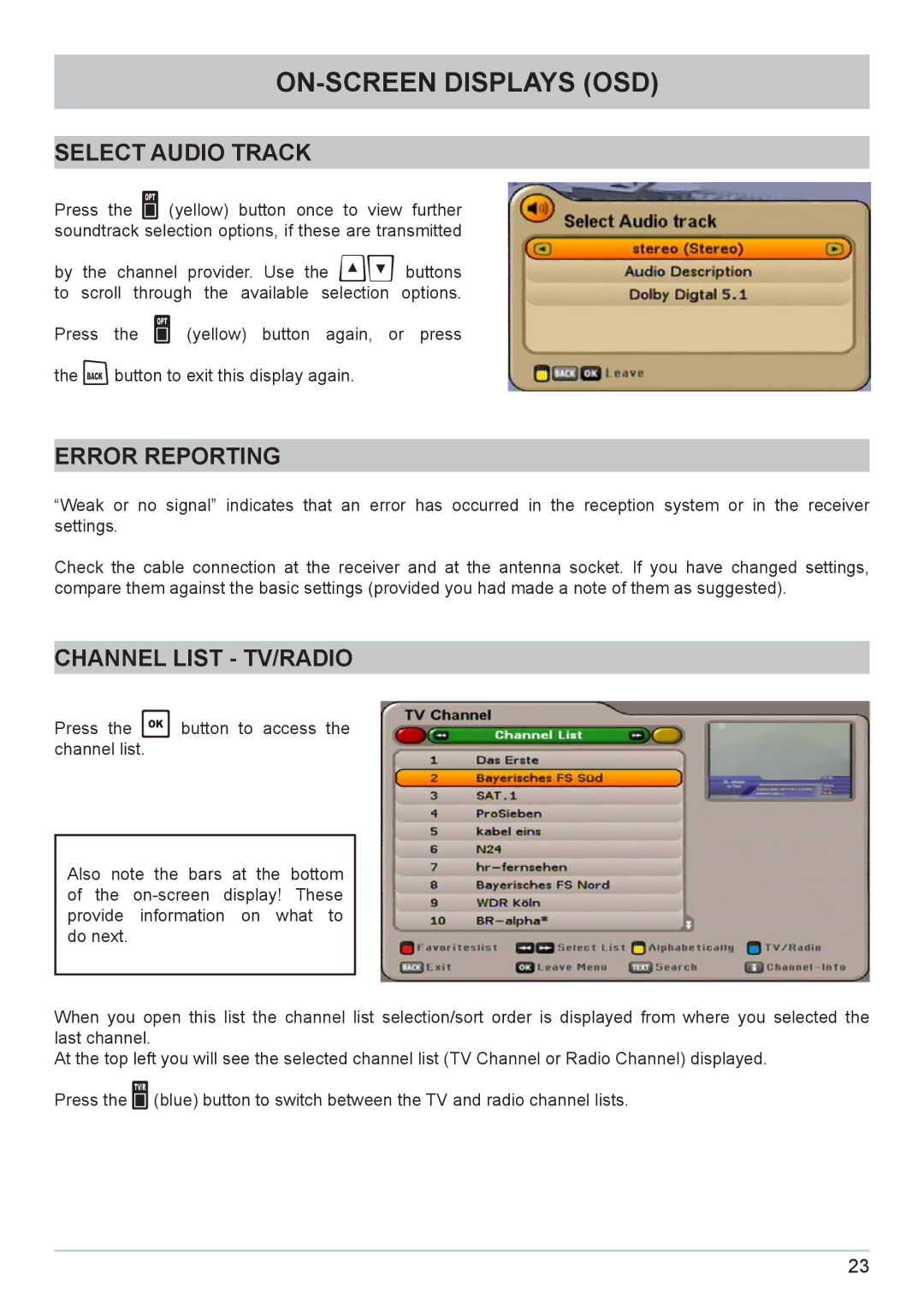 Kathrein UFC 662sw manual Select Audio Track, Error Reporting, Channel List TV/RADIO 