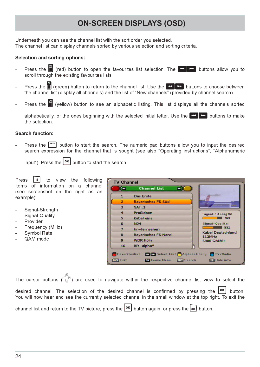 Kathrein UFC 662sw manual Selection and sorting options, Search function 