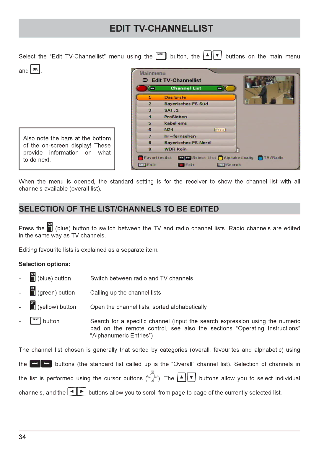 Kathrein UFC 662sw manual Edit TV-CHANNELLIST, Selection of the LIST/CHANNELS to be Edited 