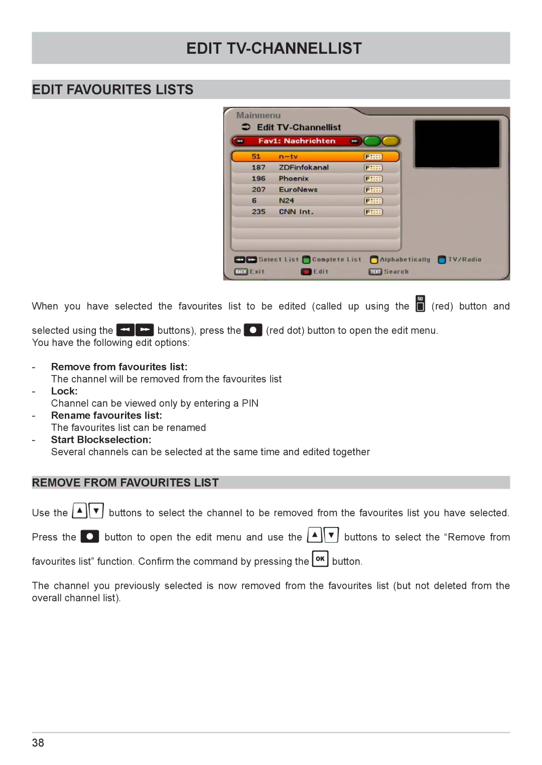 Kathrein UFC 662sw Edit Favourites Lists, Remove from Favourites List, Remove from favourites list, Rename favourites list 