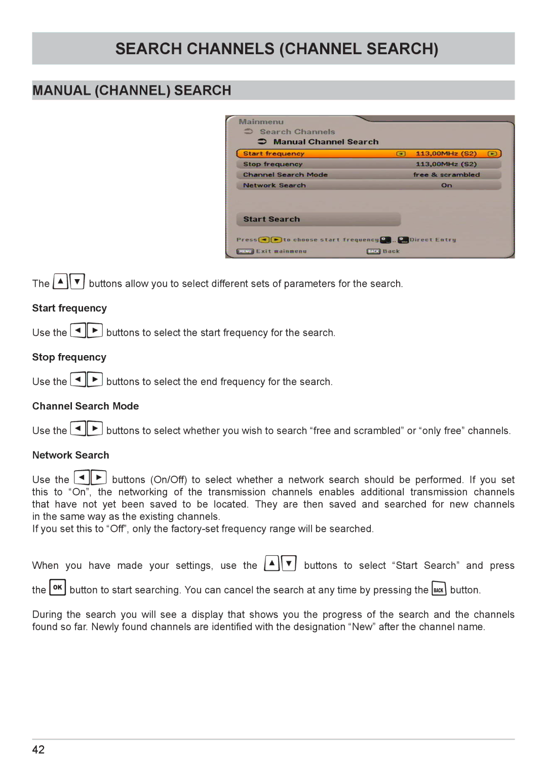 Kathrein UFC 662sw manual Manual Channel Search, Start frequency, Stop frequency 