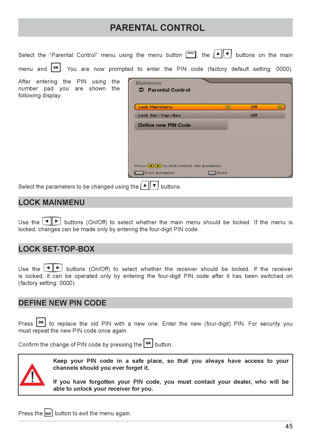 Kathrein UFC 662sw manual Parental Control, Lock Mainmenu, Lock SET-TOP-BOX, Define NEW PIN Code 