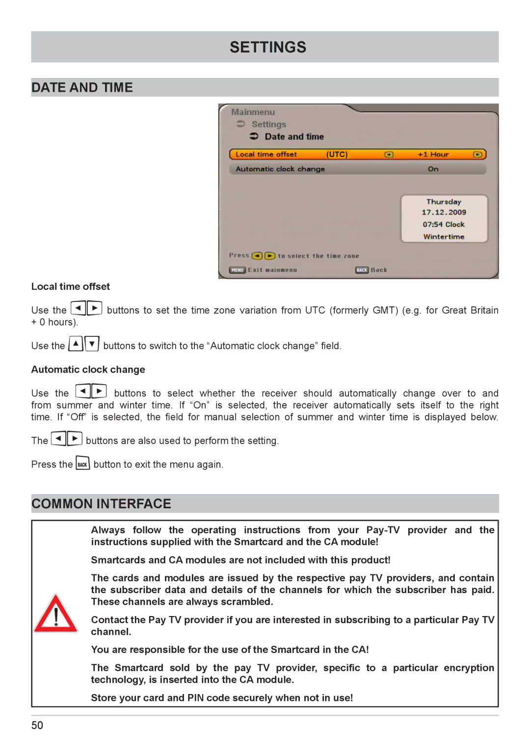 Kathrein UFC 662sw manual Date and Time, Common Interface, Automatic clock change 