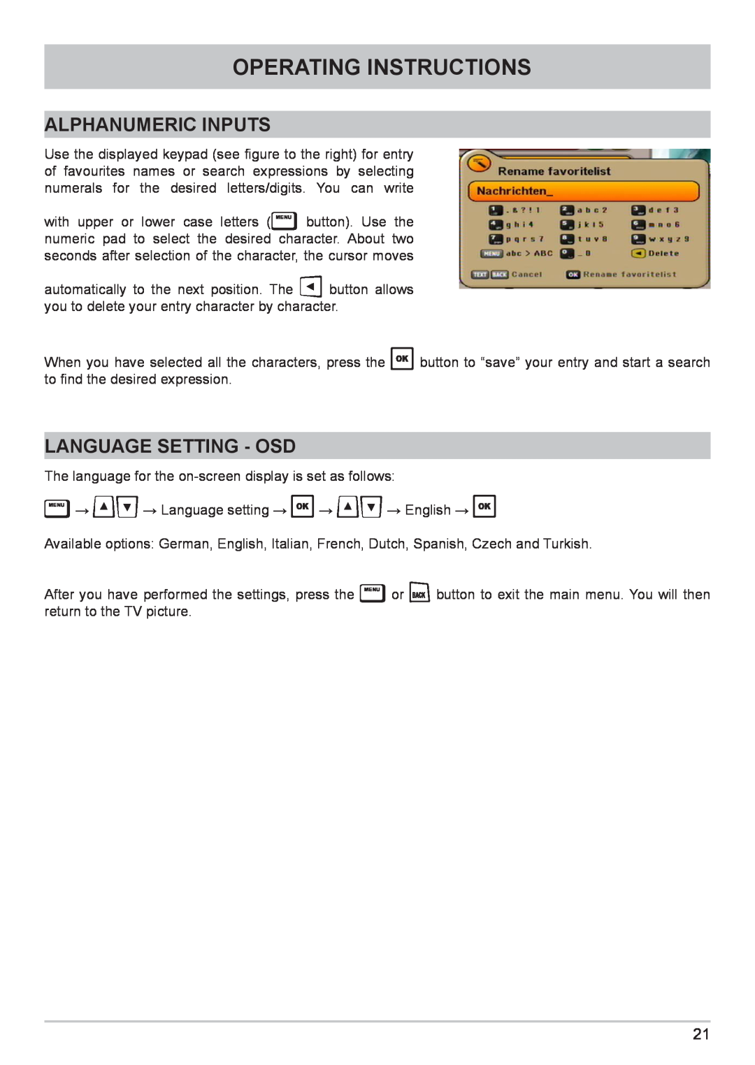 Kathrein UFC 662sw manual Alphanumeric Inputs, Language Setting - Osd, Operating Instructions 