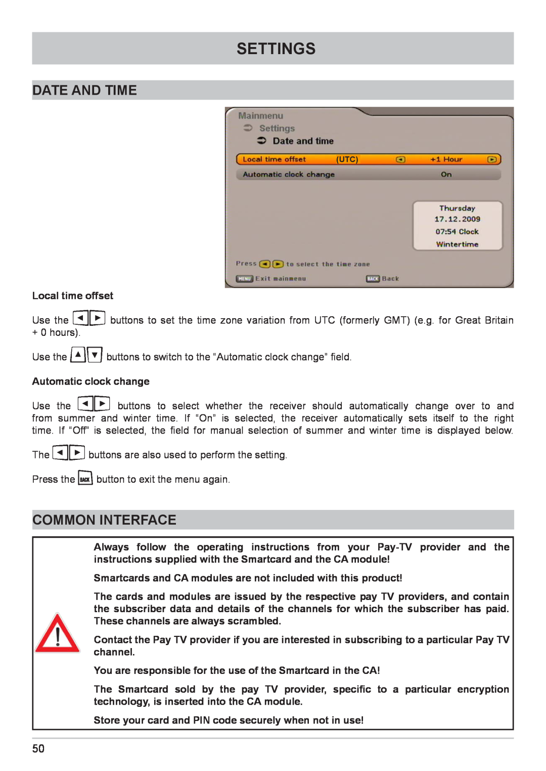 Kathrein UFC 662sw manual Date And Time, Common Interface, Settings 