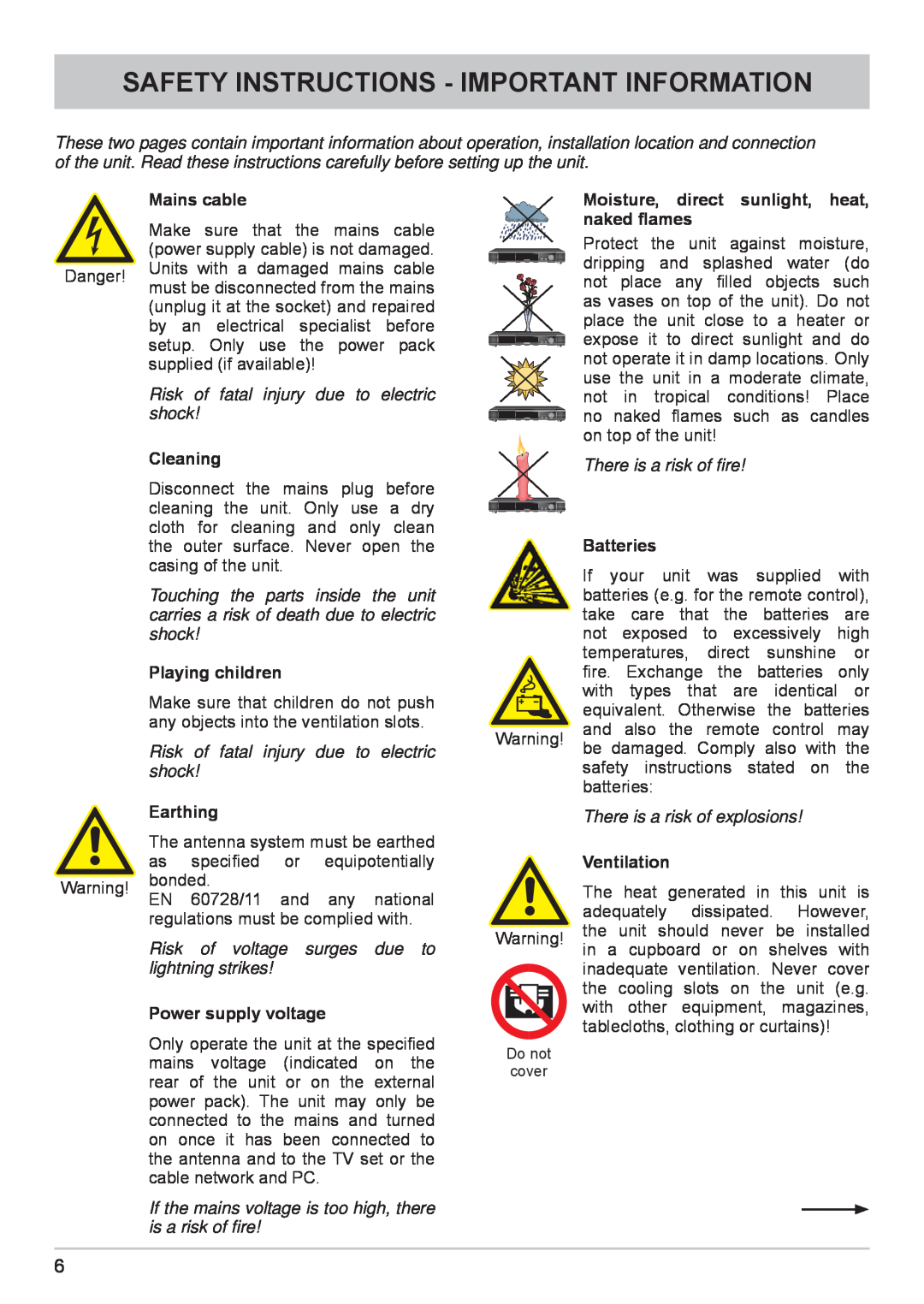 Kathrein UFC 662sw manual Safety Instructions - Important Information, Risk of fatal injury due to electric shock 