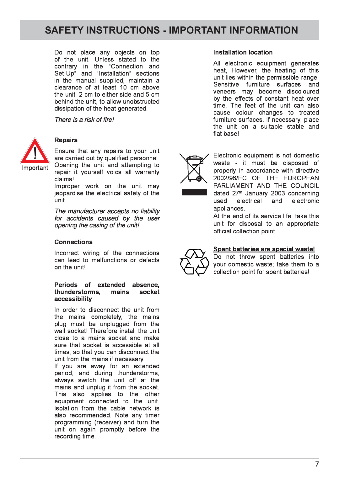 Kathrein UFC 662sw manual Safety Instructions - Important Information, There is a risk of ﬁre, Repairs, Connections 