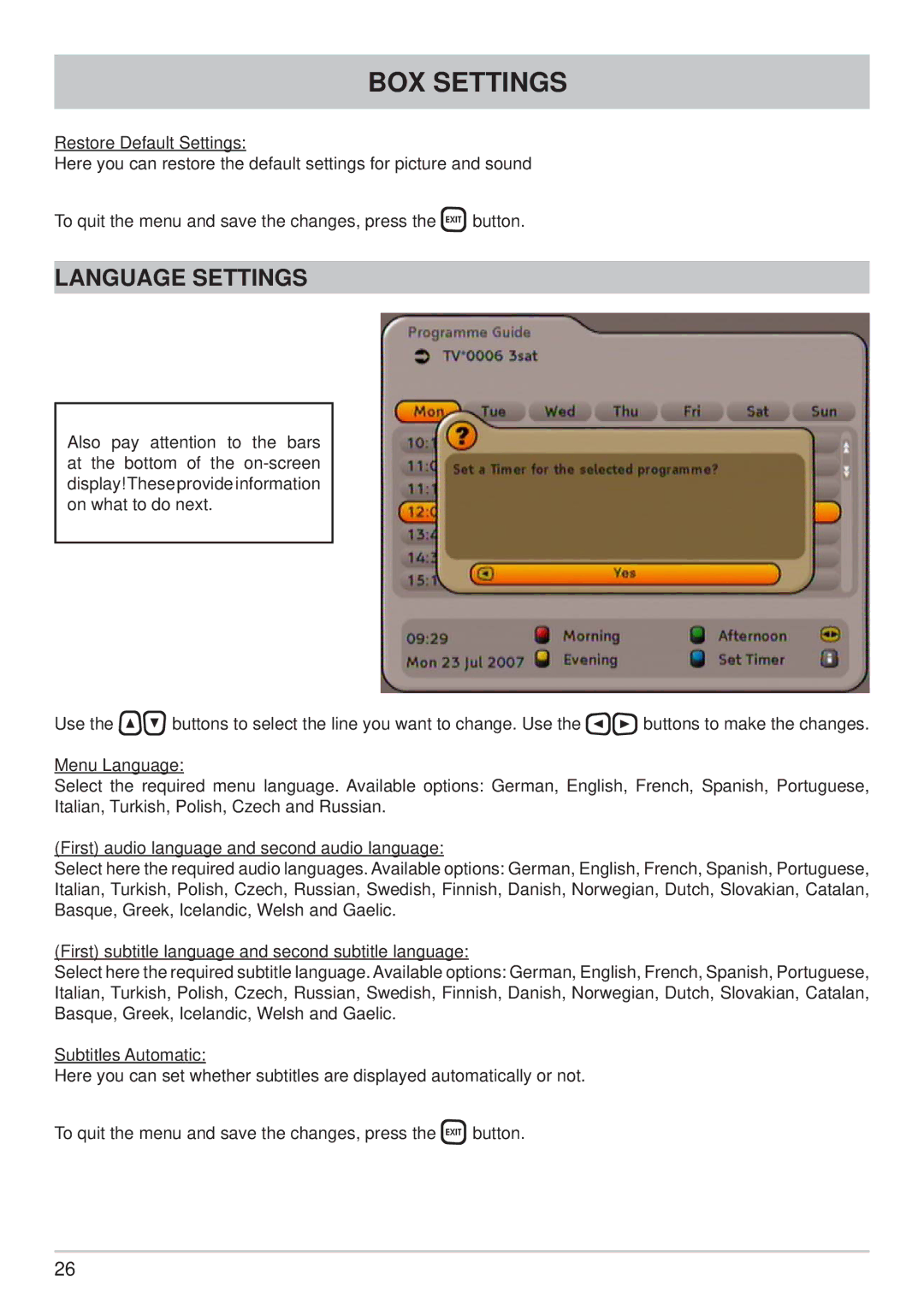 Kathrein UFC 762si, UFC 762sw manual Language Settings 