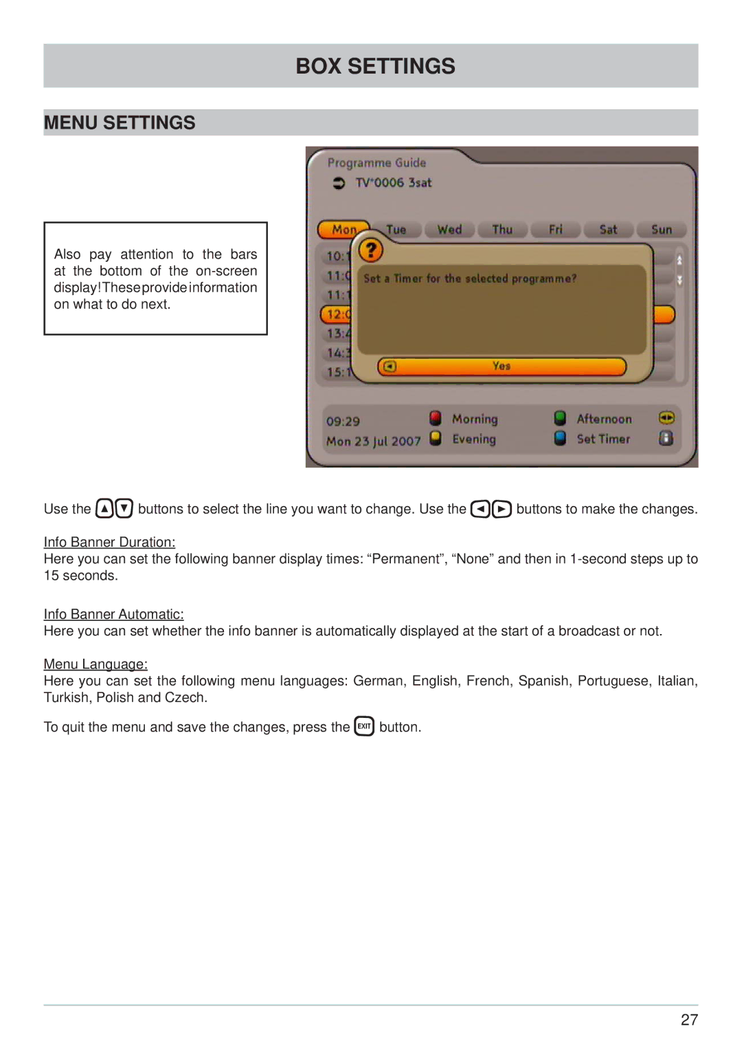 Kathrein UFC 762sw, UFC 762si manual Menu Settings 