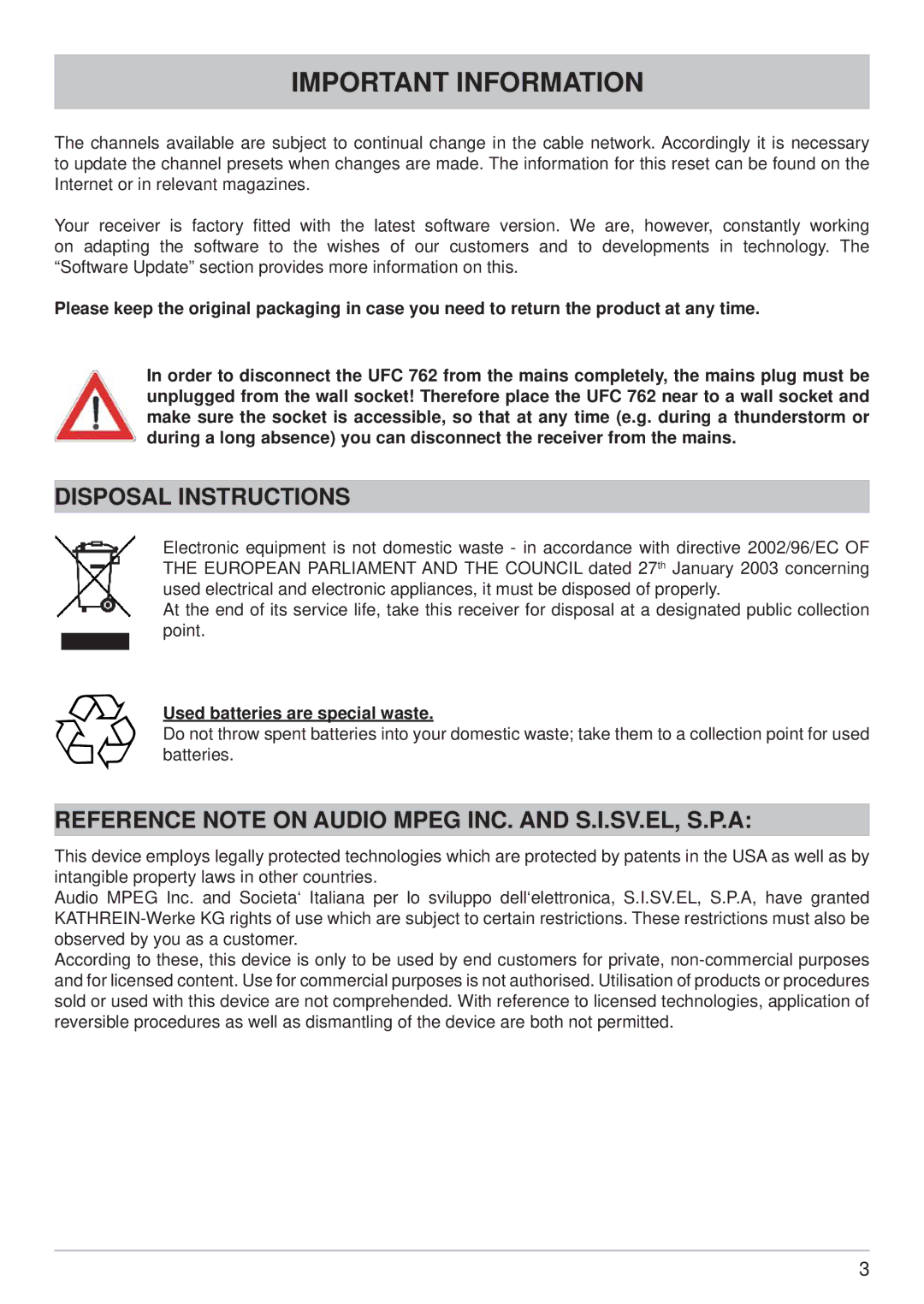 Kathrein UFC 762sw Important Information, Disposal Instructions, Reference Note on Audio Mpeg INC. and S.I.SV.EL, S.P.A 