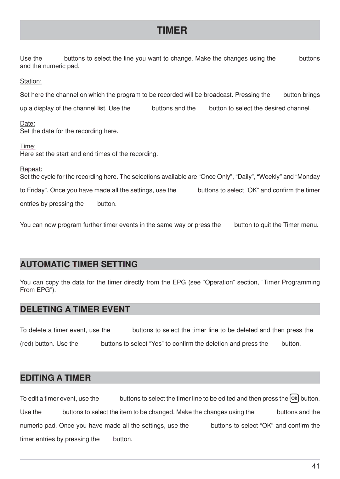 Kathrein UFC 762sw, UFC 762si manual Automatic Timer Setting, Deleting a Timer Event, Editing a Timer 